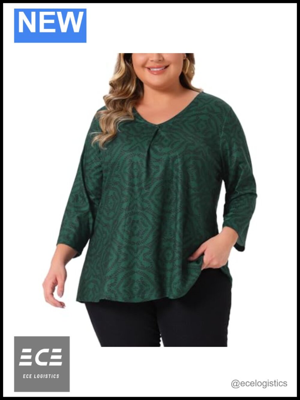 Plus Size Womens V Neck 3/4 Sleeve Botanical Print Tunic Top Blouse